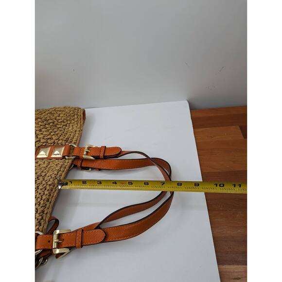 Michael Kors Santorini Large Straw Basket Tote Beach Bag Orange Leather Trim - Picture 4 of 10